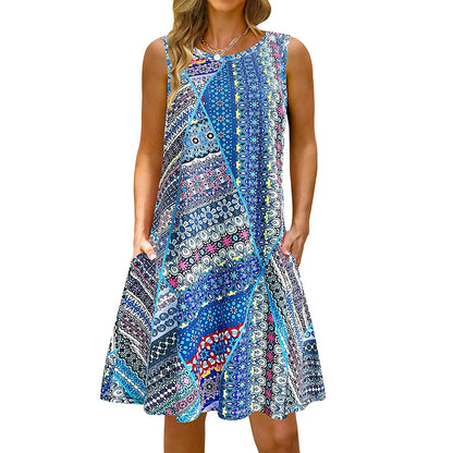 Colorful Printed O Neck Long Dress Casual Bohemian Sleeveless