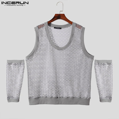 INCERUN Men T Shirt Mesh Transparent Solid Color U-neck Collar Split Short Sleeve Men Clothing Streetwear 2024 Fashion Camisetas