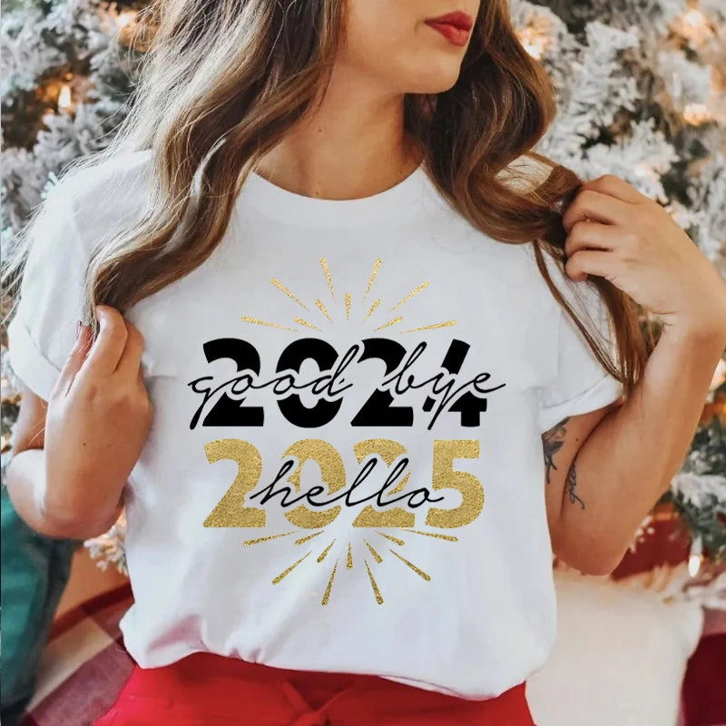 Hello 2025 Happy New Year Funny Printed Women Clothing Fashion Casual Short Sleeve White Female Tops Streetwear Tees