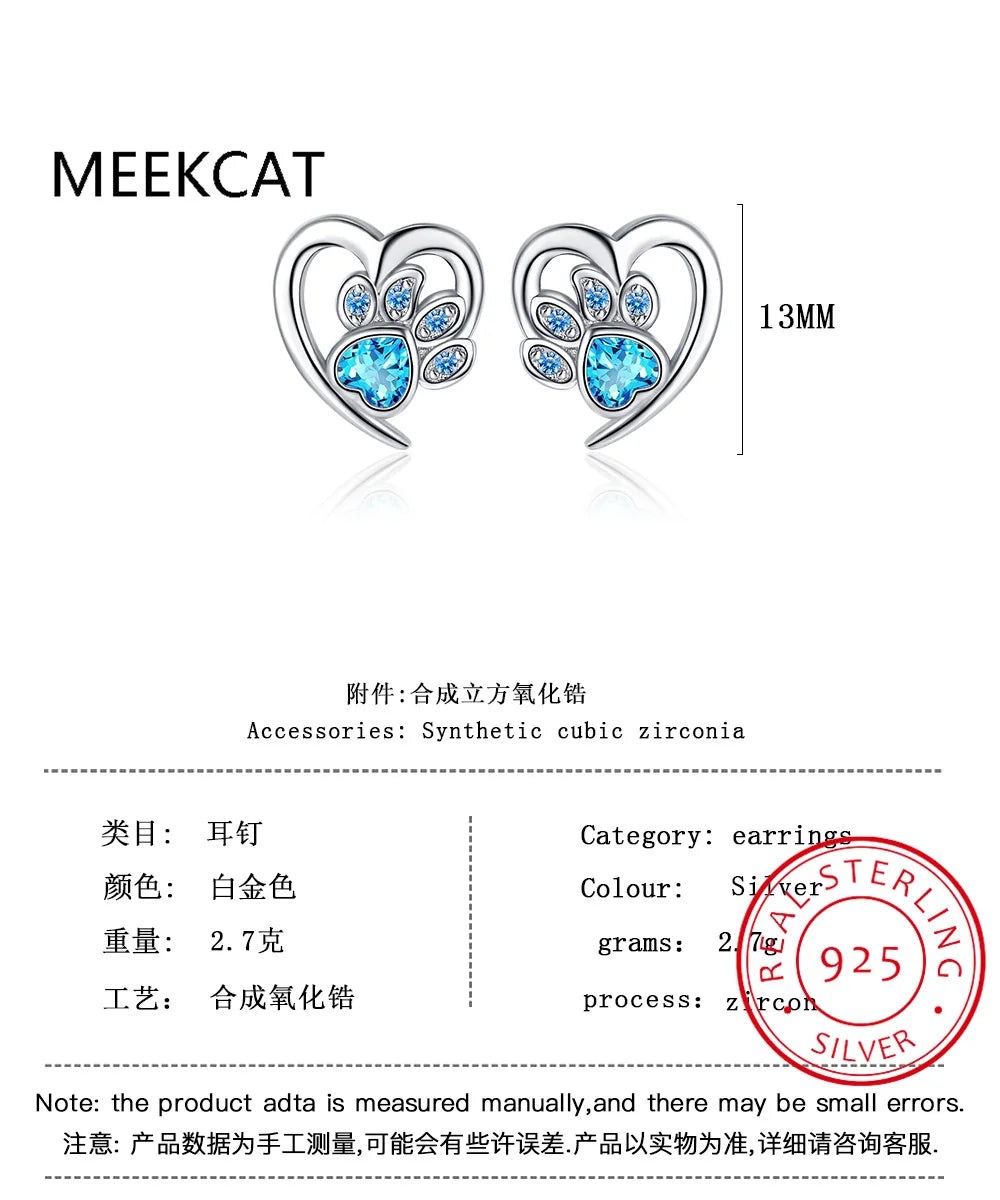 Cat Dog Pet Paw Genuine Natural Blue Topaz 925 Sterling Silver Heart Footprint Stud Earring for Women Statement Gemstone Jewelry