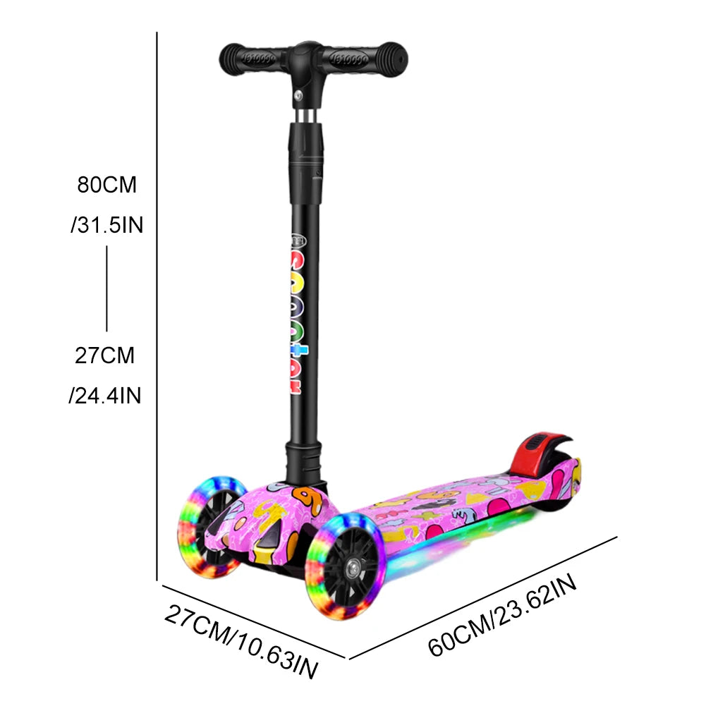 Outdoor Child's Kickboard Foldable Kick Scooter Flash Wheels Adult Kids Electric Scooter 3 Wheel Handbrake for 5-18 Years Old