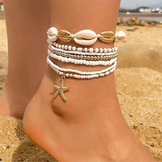 Bohemian Rice Bead Stretch Charm Anklet Set For Women Sea Star Shell Heart Ankle Bracelet On Leg Foot Chain Female Beach Jewelry