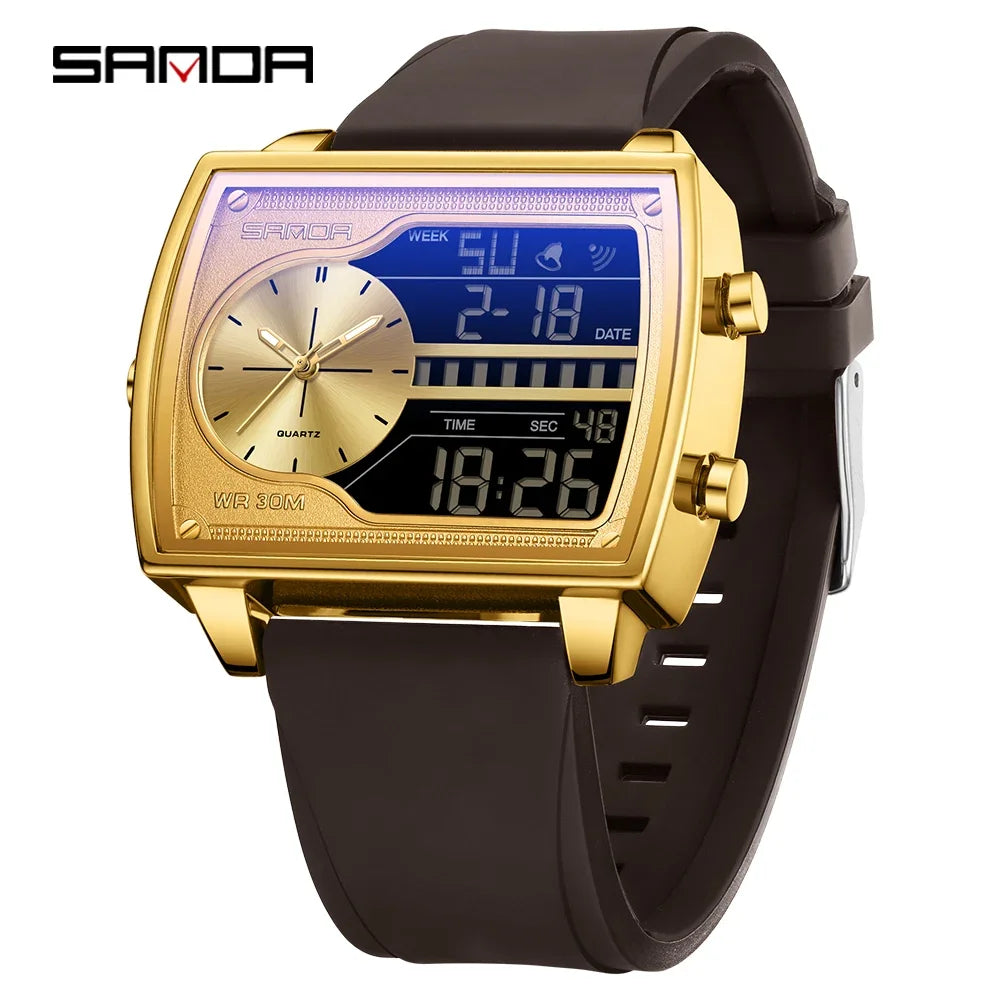 SANDA 6163 Fashion Trend Men's Quartz Watch Fashion Square Watch Countdown Sports Waterproof Dual Display Digital Men's Watches