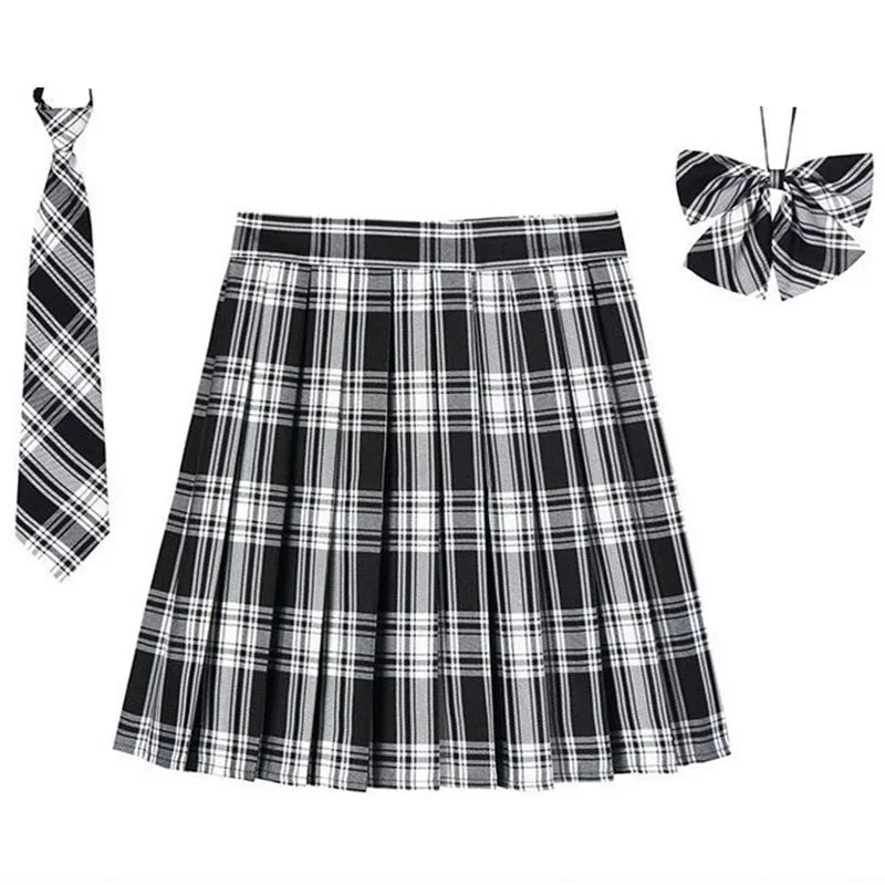 Women Plaid Pleat Skirt With Necktie Bowtie