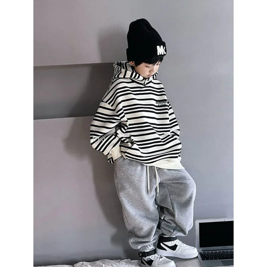 Boys' hoodie set, children's hooded striped top+casual pants two-piece set, 2024 Spring and Autumn Boys Korean Fashion Clothing