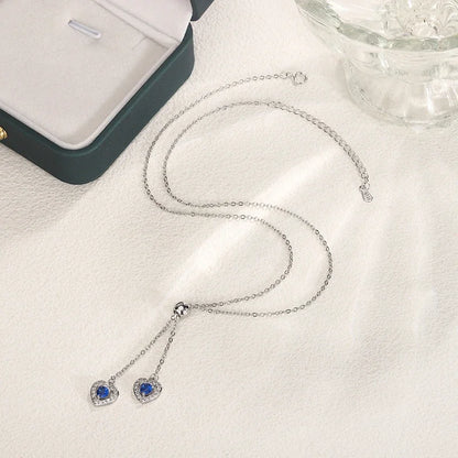 Classic Double Love Heart Blue Zircon Pendant Necklace Fashion Women Collarbone Chain Party Jewelry Sweater 925 Silver Necklace