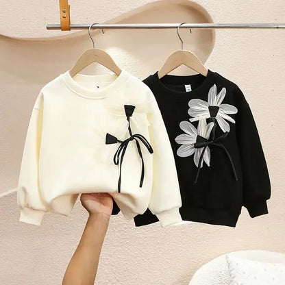 Hoodies Girls Spring Autumn New Flower Round Neck Long Sleeved Cotton Childrens Clothing Sweatshirts Flower Round Collar