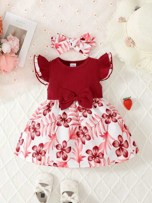 0-2 Year Old Newborn Girl Baby Flying Sleeves Printed Pit Stripe Fabric Dress