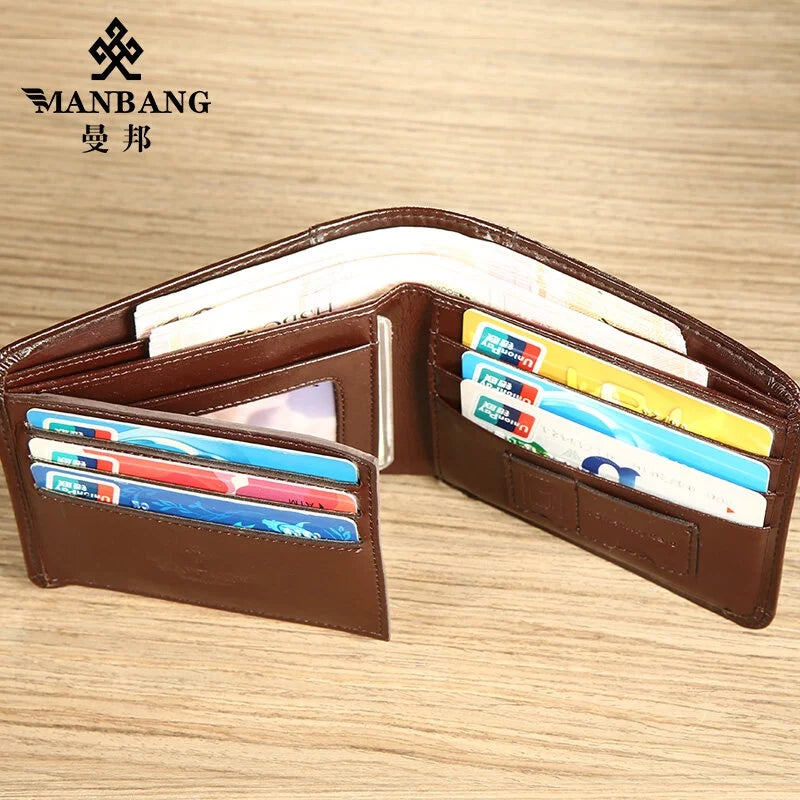 【Genuine Cowhide Leather】ManBang Brand Hot Sale Men's Wallet Luxury Original Short Tri-Fold First Layer Cowhide Purse Business