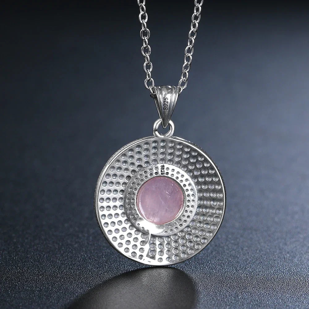 925 Sterling Silver Necklace Natural Round 10MM Rose Quartz Pendant Necklace for Women Jewelry Gift Charm Necklace