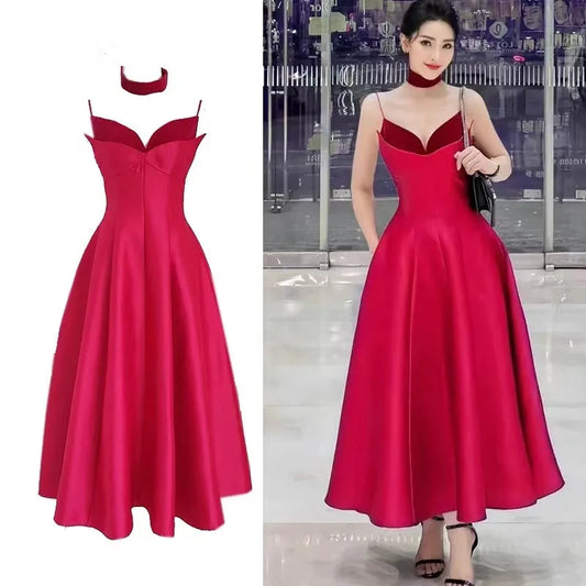 2024 French Summer Velvet Patchwork Spaghetti Strap Prom Party Dress High Quality Women Strapless Sexy Backless Ball Gown Robe