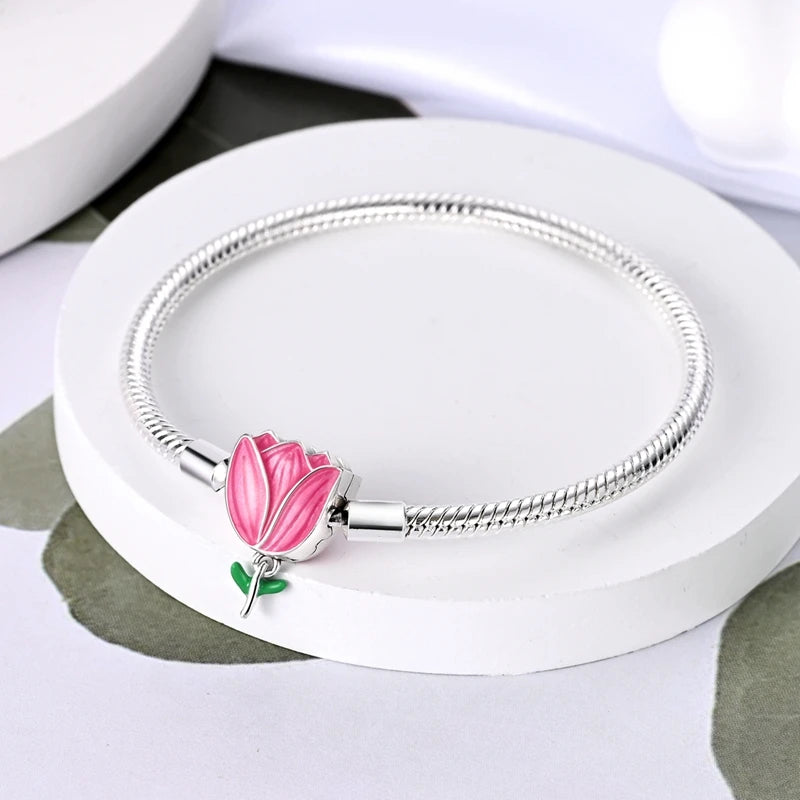 Genuine 925 Sterling Silver Charms Bracelets Fit Original Beads DIY Tulip Snake Bone Chain Bracelet