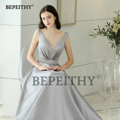 BEPEITHY Customized V-neck Evening Dresses With Crystal Belt Vintage V Neck Elegant Formal Gown Floor Length Prom Dress 2023