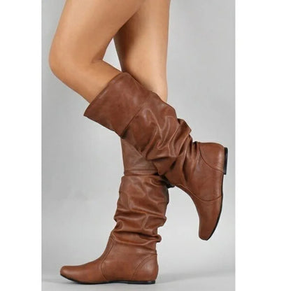 Women's leather small and medium-sized long boots casual set autumn