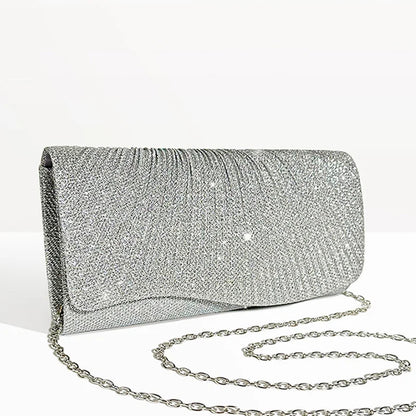 Women Fold Glitter Handbag Shiny Envelope Evening Bag Ladies Pleated Silver Clutch Chain Wedding Party Mini Long Purse XA12ZD