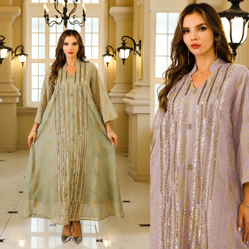 Muslim Eid Ramadan Evening Party Sequins Abaya Women Long Loose Dress Kaftan Kebaya Morocco Islamic Dubai 2024 Luxury Dresses