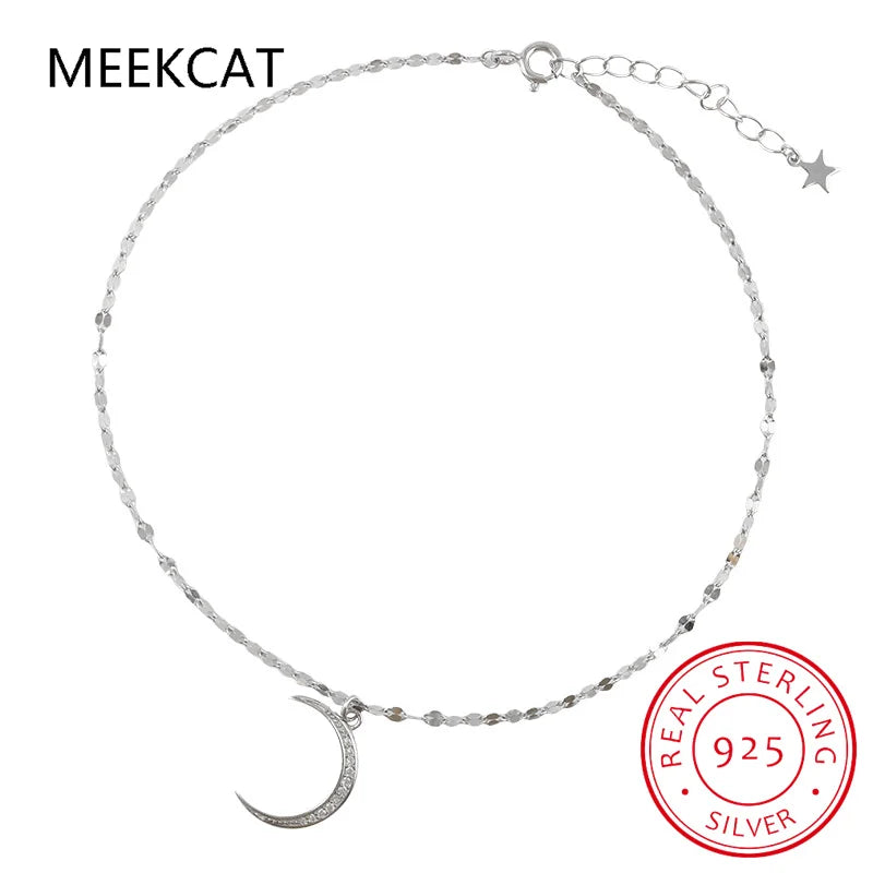 925 Sterling Silver Moon Cubic Zircon Anklet Bracelet Dainty Meniscus Anklet Jewelry For Women Summer Beach Gift S-B321