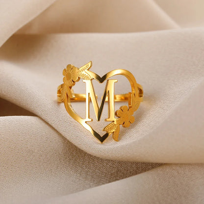 New Stainless Steel Initials Flower Heart Rings Gold Color Adjustable Delicate Letter Leaf Rings for Women Girl Alphabet Jewelry