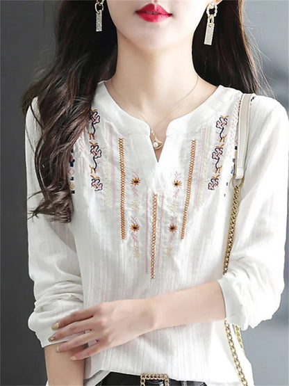 Women Spring Autumn White Blouses Tops Lady Casual Embroidery V-Neck Long Sleeve Vintage Loose Blusas Top