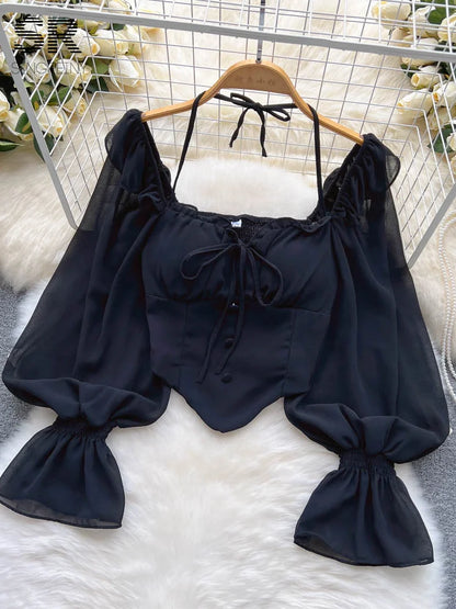 SINGREINY Flare Sleeve Women Tops Ruffle Solid Elastic Waist Halter Backless Chiffon Slim Ladies Harajuku Sexy Short Blouse