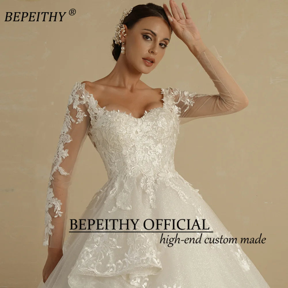 BEPEITHYCustomized Glitter Ball Gown Wedding Dress Full Sleeves For Women Bride 2022 Sweetheart Ruffle Skirt Shinny Bridal Dress