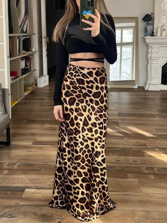 ASDS 2024 Vintage Women's Leopard Print Satin Skirt Female Summer High Waist Midi Skirt Woman Fashion Elegant Long Skirts