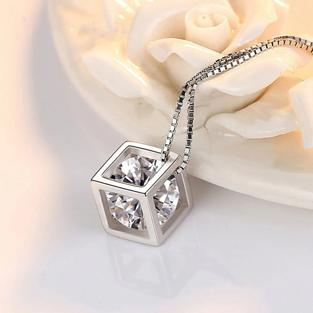 Square Hollow Cube Pendant Moissanite Necklace 925 Sterling Silver VVS Lab Diamond Necklace For Women Girls Gift Fine Jewelry