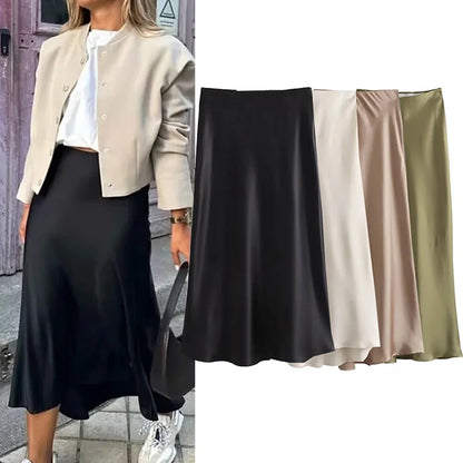 Black Satin Skirt High Waist Elegant Long Skirts