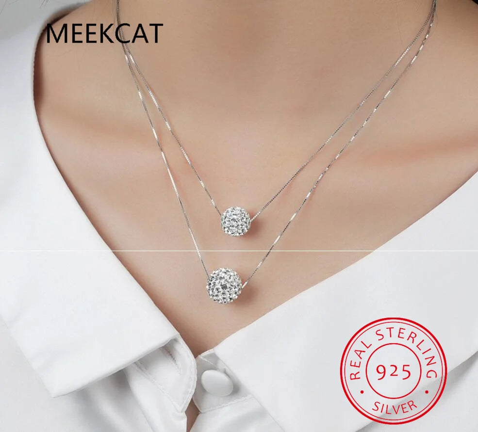 925 Sterling Silver Shiny Diamond Crystal Double Layer Rhinestone Ball Pendant Necklace For Women Wedding Jewelry Choker Collar