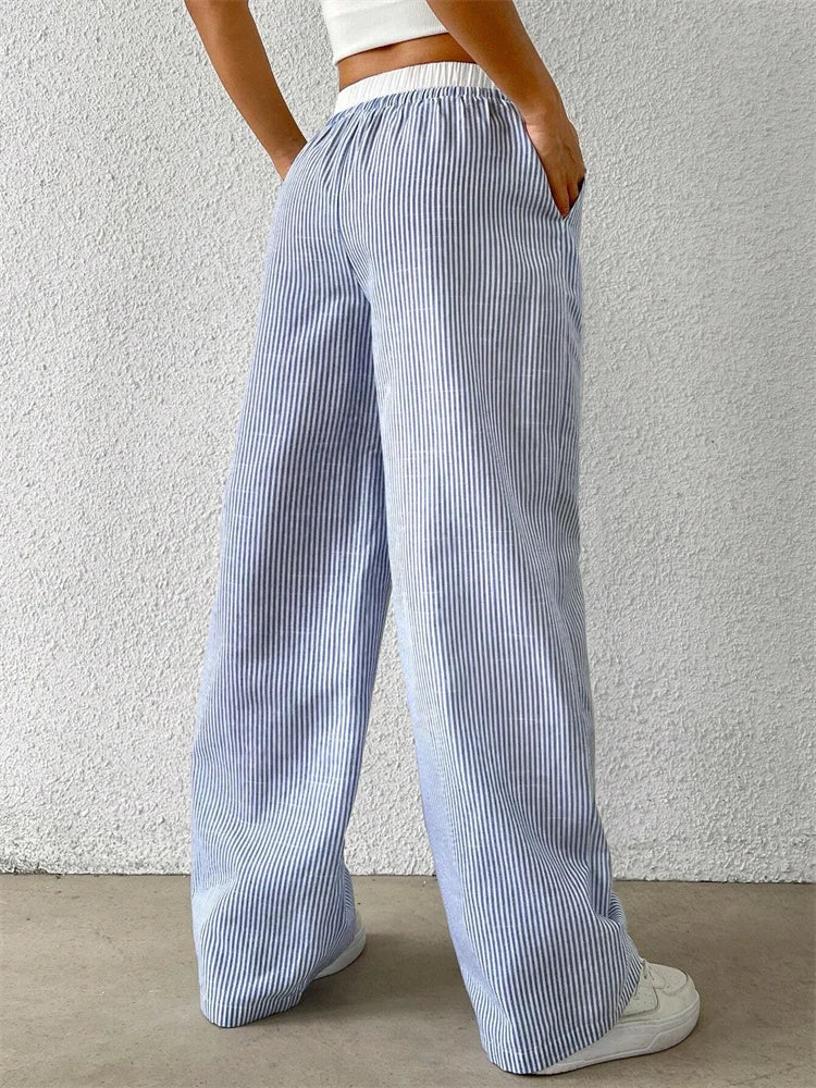 Women's Casual Striped Woven Wide Leg Pants Fall Winter 2024 Casual Stylish Full Length Trousers Y2K Clothes Streetwear