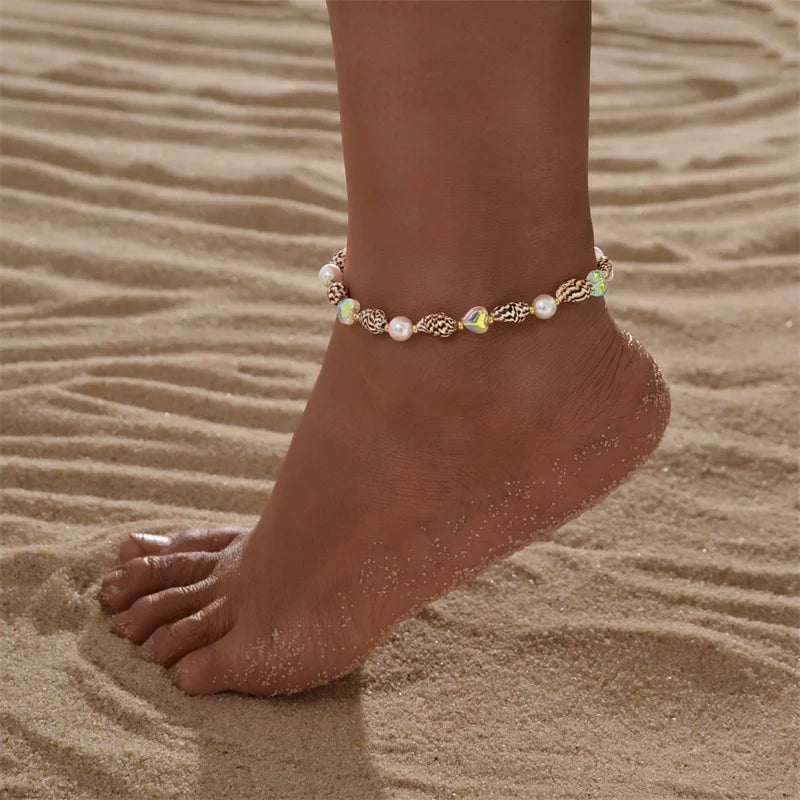 Bohemian Rice Bead Stretch Charm Anklet Set For Women Sea Star Shell Heart Ankle Bracelet On Leg Foot Chain Female Beach Jewelry