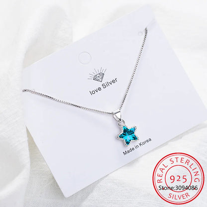 100% 925 Solid Sterling Silver Necklace Women Girl Sweet Star Blue CZ 40cm Short Clavicle Necklace For Teen Jewelry DS981