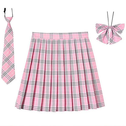 Women Plaid Pleat Skirt With Necktie Bowtie