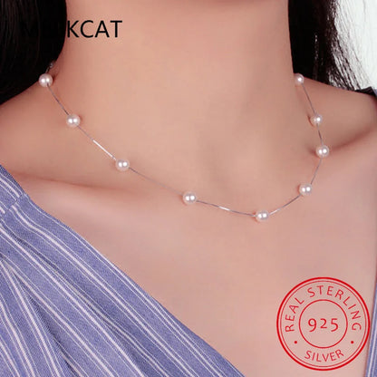 Real 925 Sterling Silver Natural Freshwater Pearl Charm Necklace Choker Short Chain Necklace Jewelry Wedding Accessories D9320