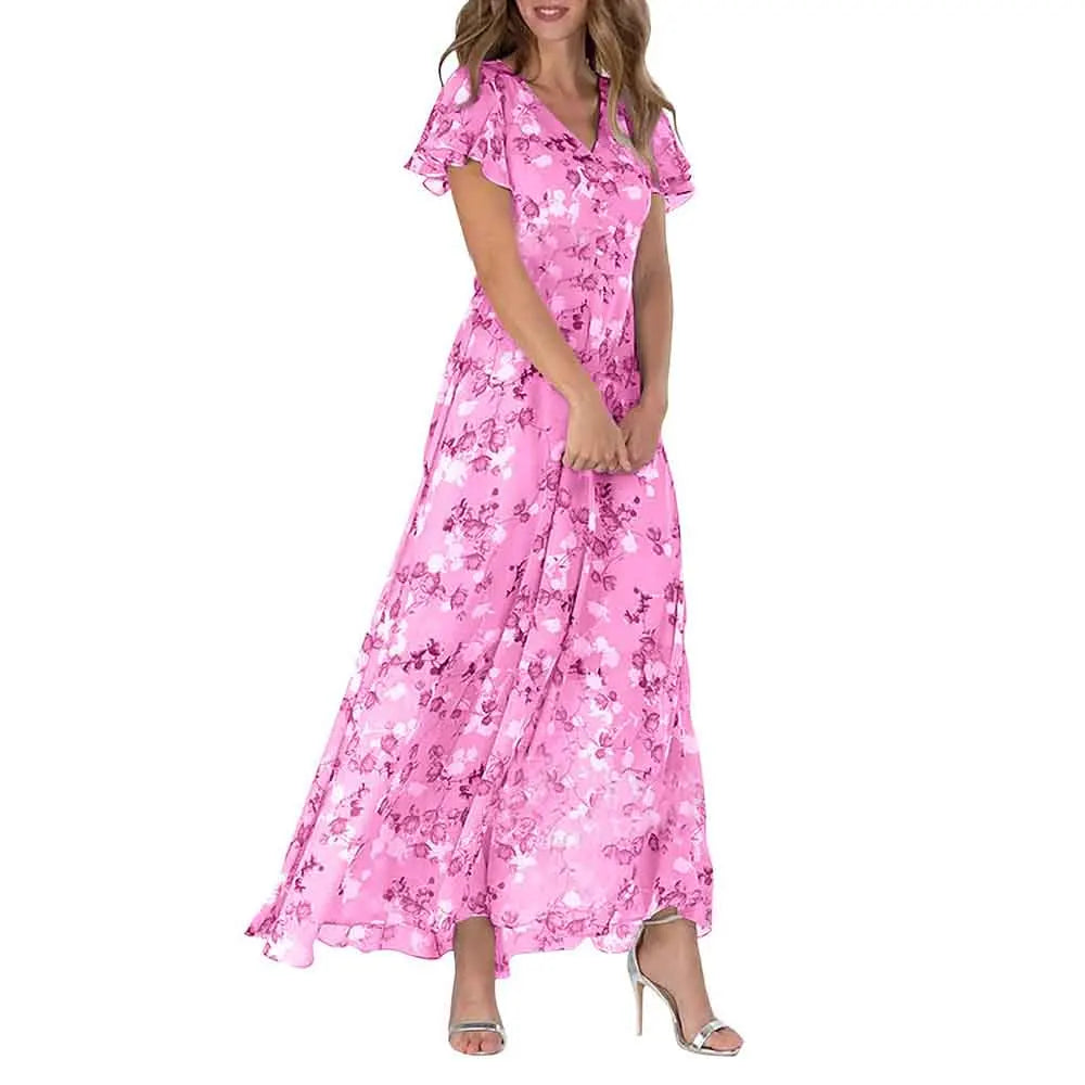 Beach Holiday Chiffon Midi Dress Women Fashion V-neck Short Sleeve Dresses For Women 2024 Summer Floral Print Long Dress Ladies