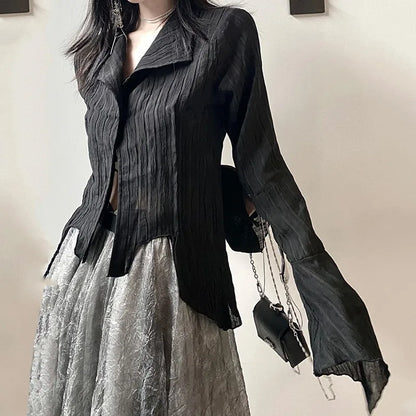 قميص Karrram Gothic Black Shirt Yamamoto Style Dark Aesthetic للنساء، ملابس مصممة غير منتظمة، ملابس Emo Alt، قمم Grunge Y2k