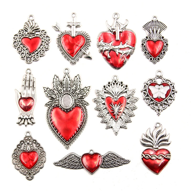 5Pcs Mix Size Wholesale Alloy Metal Drop Oil Red Heart Charm Red Color Pendant For Enamel DIY Bracelet Necklace Jewelry Making