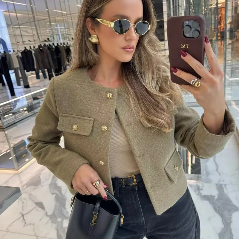 TRAF Woman Outerwears Autumn Long Sleeve Cropped Jacket For Women Winter Button Demi-Season Short Coats Elegant Women's Coat