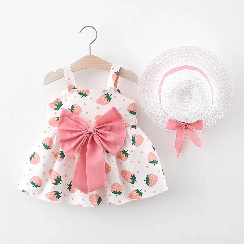 2Pcs/Set Summer Toddler Girls Dress Sweet Bow Strawberry Sleeveless Baby Clothes Suit Princess Party Children Costume 0 To 3 Y