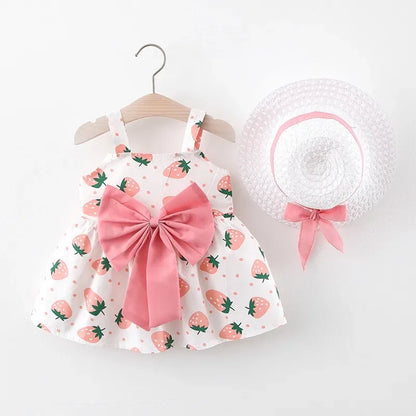 2Pcs/Set Summer Toddler Girls Dress Sweet Bow Strawberry Sleeveless Baby Clothes Suit Princess Party Children Costume 0 To 3 Y