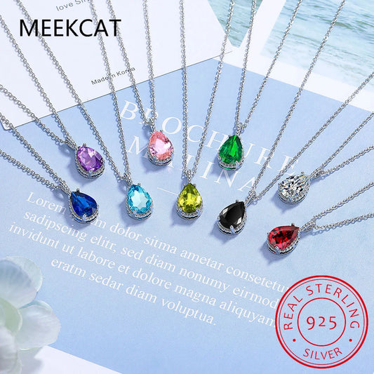 Pear Natural Garnet Amethyst Citrine Peridot Blue Topaz 925 Sterling Silver Water Drop Pendant Necklace Gemstone Jewelry