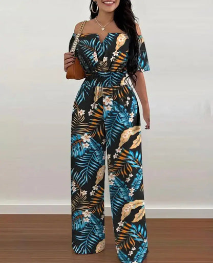 Summer Fashion Printed Wide Leg Jumpsuit Women Sexy Slash Neck Off-shoulder High Waist Jumpsuit Womem