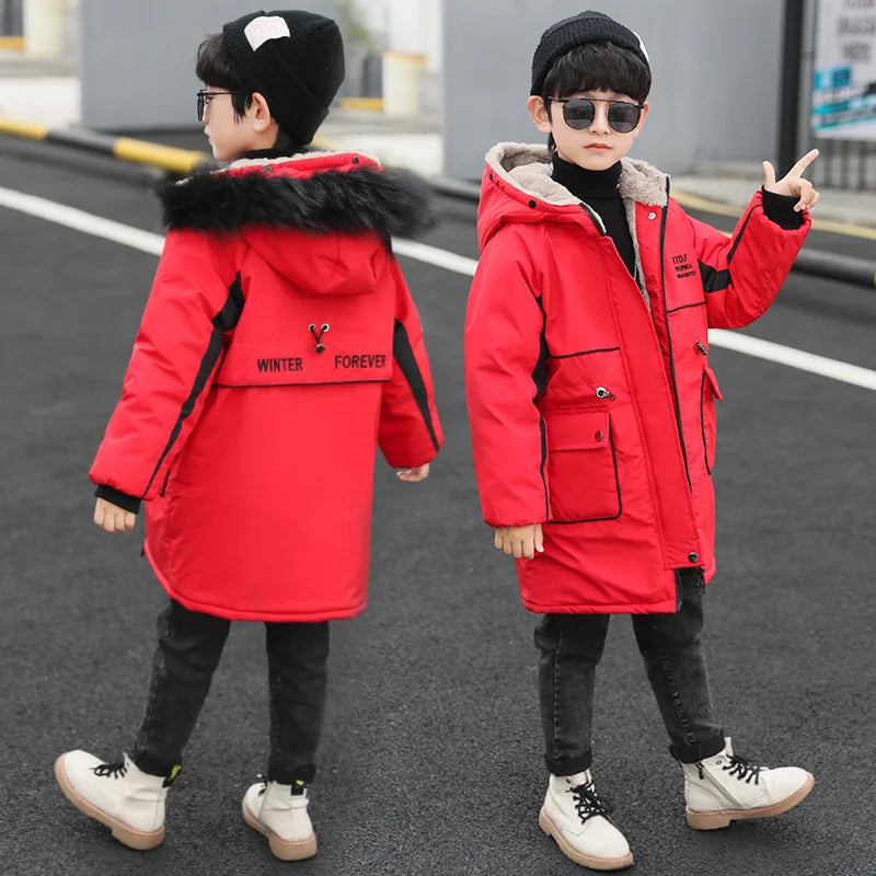 Winter Warmth Boys Fur Hood Fleece Lined Drawstring Zip Long Puff Jacket School Kids Therme Parka Child Snow Coat Outfit 3-15Yrs