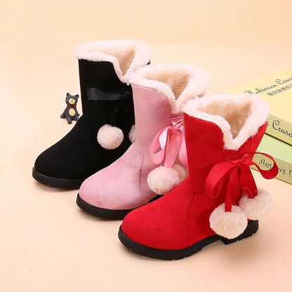 Girls Snow Boots Winter Warm Plush Kids Boots Cute Princess Sweet Bow-knot with Ball Hairball Flock Children Winter Boots 27-38