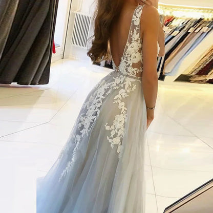 BEPEITHY Customized V Neck Long Prom Dresses 2023 For Women Sexy Gray Summer Backless White Lace Dubai Evening Party  Gown