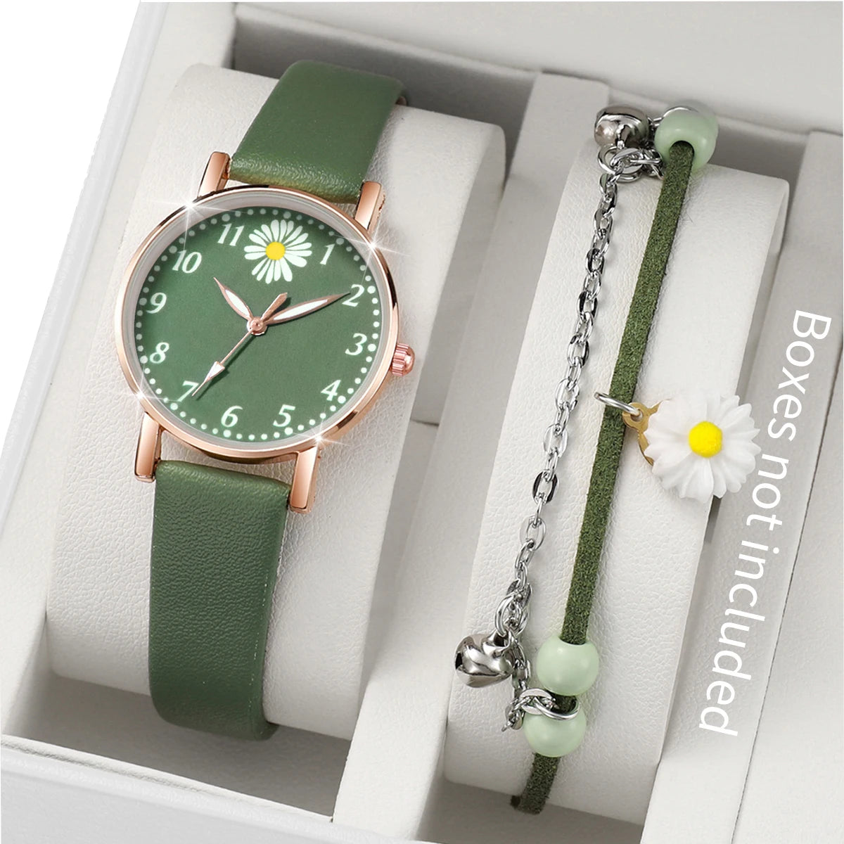 Leather Strap Flower Quartz Watch & Bracelet Set