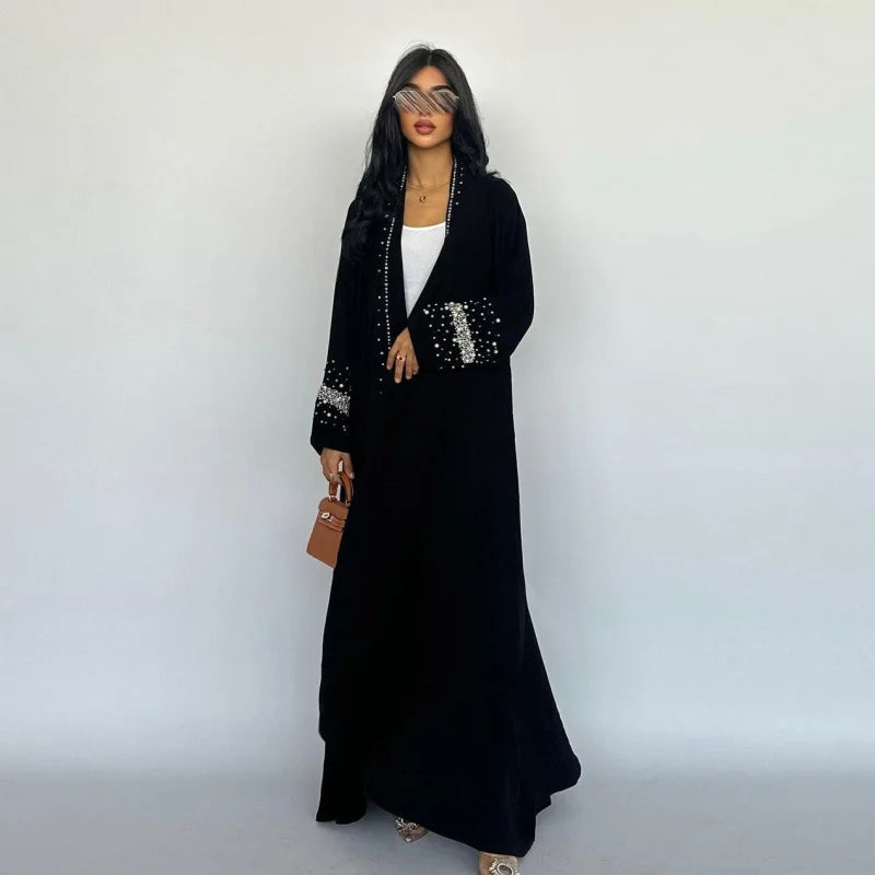 Muslim Black Abaya Dubai Luxury Open Cardigan Women's Prayer Garment Caftan Femme For Evening Robe Clothes Large Size With Belt