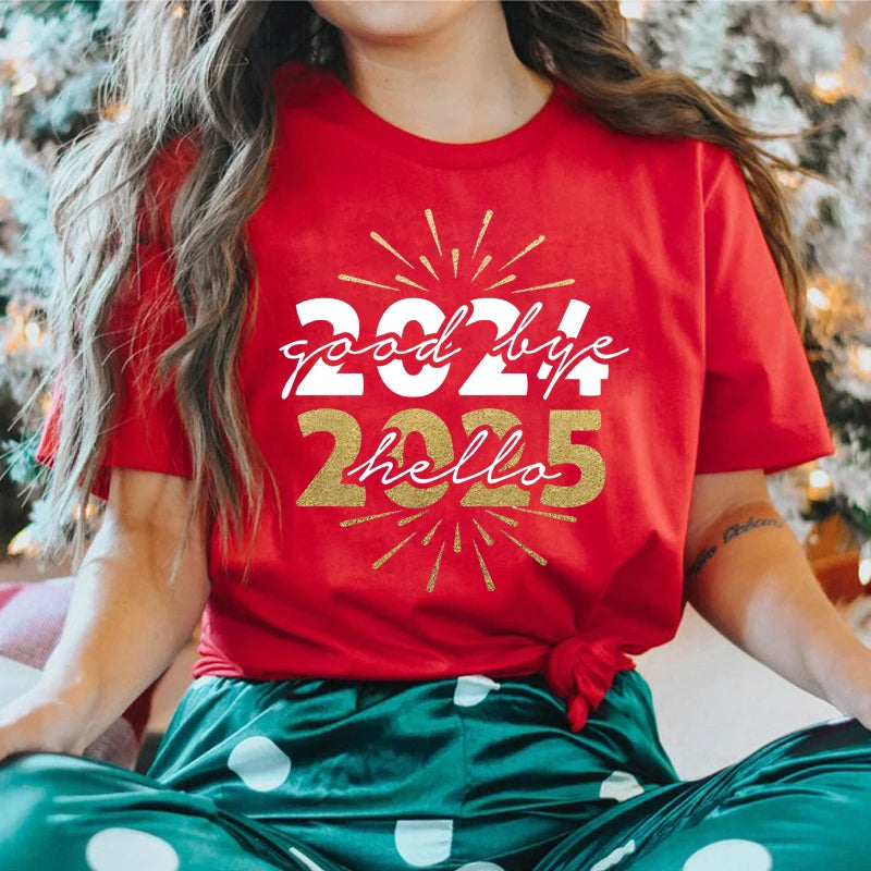 Hello 2025 Happy New Year Funny Printed Women Clothing Fashion Casual Short Sleeve White Female Tops Streetwear Tees