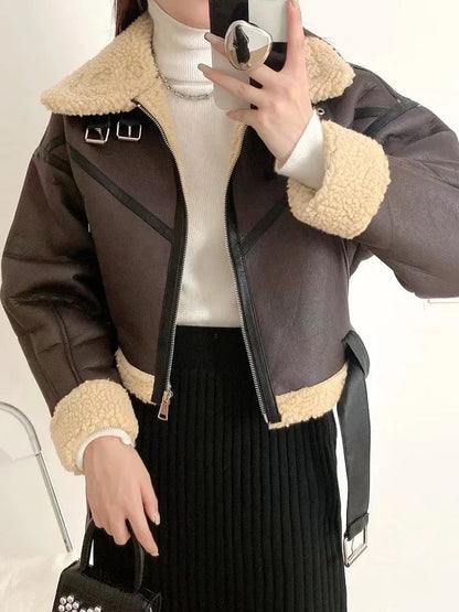 Winter women's street clothing artificial lamb fur leather short jacket with belt motorcycle thick warm sheepskin overcoat coat