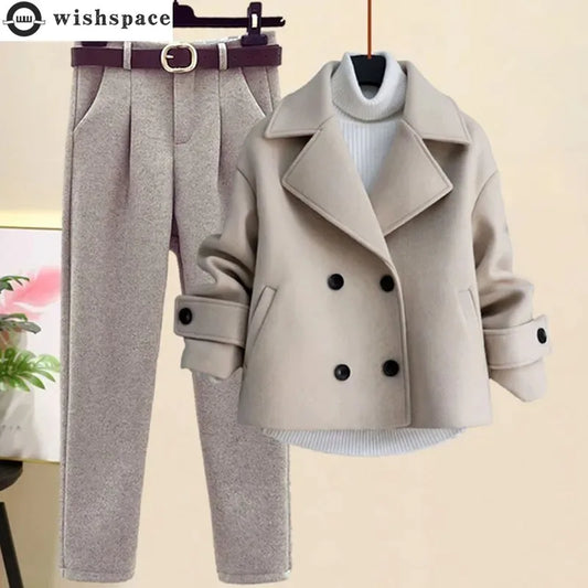 Autumn Winter Wool Suit Jacket Jacket Long Sleeve Knitted Sweater Casual Trousers Three Piece Set Elegant Women's Pant Set